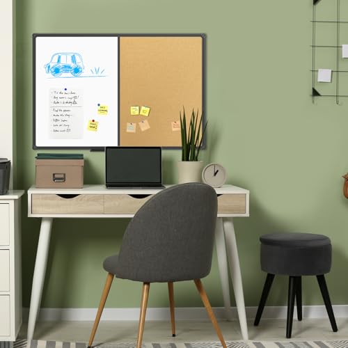JILoffice 36 x 24 Inch White Board & Corkboard Combo Wall Mount Magnetic Whiteboard with Black Aluminum Frame and 10 Push Pins