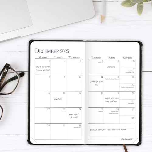 AT-A-GLANCE 2025 Fine Diary, Weekly & Monthly Diary, 3" x 6", Pocket Size, Black Brown (74020525)