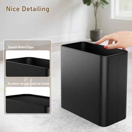 Small Bathroom Trash Can 2.4 Gallon Wastebasket, Slim Metal Garbage Can Matte Black Stainless Steel Trash Bin for Bedroom,Office,Kitchen,Toilet, rv, Near Desk, Under Sink