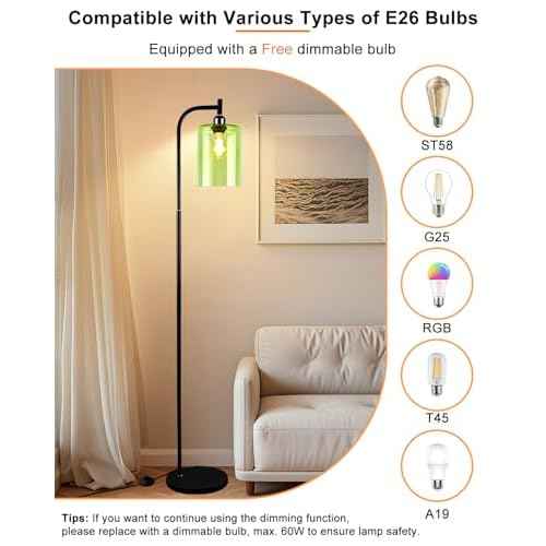 Lightdot 64IN Glass Floor Lamp for Living Room, Modern Standing Lamps with Green Ribbed Glass Lampshade, Industrial Floor Lamp for Bedroom Office-Black