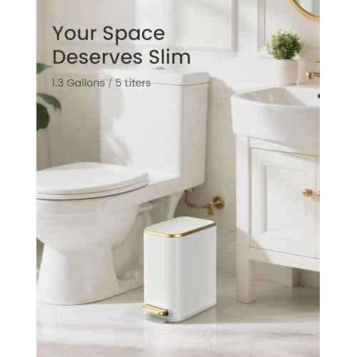 Cesun Small Bathroom Trash Can with Lid Soft Close, 5 Liter/1.3 Gallon Stainless Steel Garbage Can with Removable Inner Bucket, Step Pedal, Slim Waste Basket for Toilet, Office, Bedroom (White&Gold)