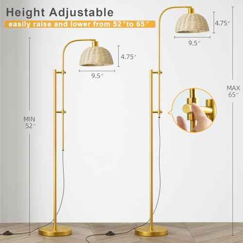 Oneach 65" Arc Floor Lamp for Living Room, Adjustable Height Gold Floor Lamps with Rattan Lampshade, Foot Switch, Boho Farmhouse Tall Lamp for Bedroom Corner Study Home Office
