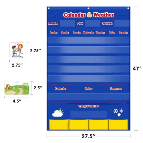 Blue Calendar Weather Pocket Chart Classroom Organizer with 149 Cards