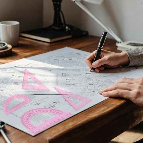 6 PCS Pink Ruler Set Includes Plastic Straight Ruler 12 & 6 Inch, Clear Protractor, Triangle Rulers Math Geometry Set Measuring Tool Transparent School Supplies for Home Office Drawing