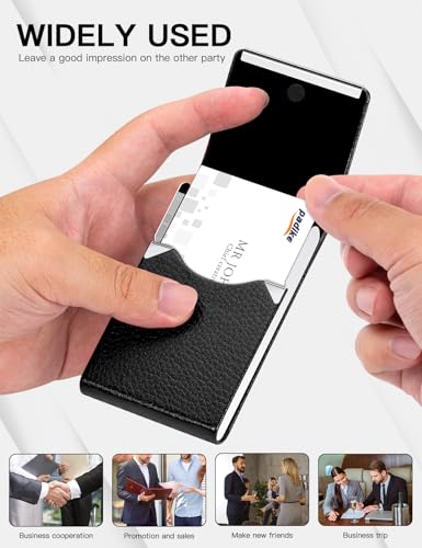 Padike Black PU Leather Business Card Holder Slim Metal Pocket with Magnetic Closure