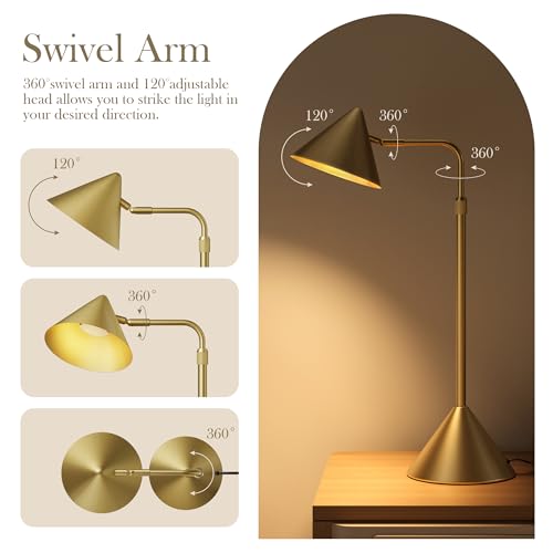 Metal Desk Lamp, 3000k Soft Light Modern Desk Lamp with Dimmer Switch, Adjustable Lighting with Swivel Arm Reading Lamp for Bedside Table, Office Desk, Task Light, Living Room(Gold)