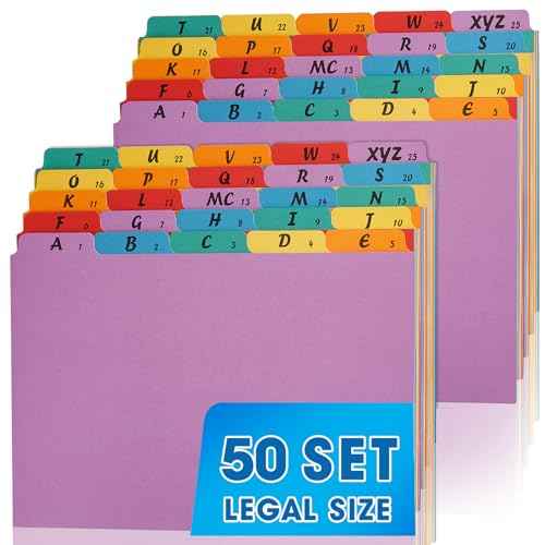 2 Set A-Z Alphabetic and Number Top Label Files, Legal Size, 50 Sheets File Dividers 1/5 Cut Label File Cabinet Dividers Desk Organizer for Office, Home and School (Rainbow)