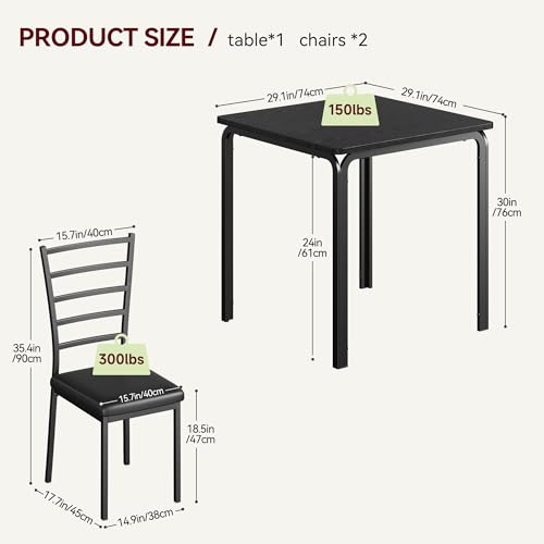 GarveeHome 3-Piece Dining Set for Small Spaces – Square Table with 2 Upholstered Chairs, Black