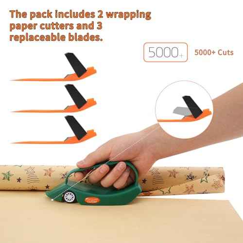 LIZAAL 2-Pack Wrapping Paper Cutter with 3 Replaceable Blades | New Gift Wrap Cutter with Wheels | Birthday and Christmas Wrapping Paper Cutter Slider for Home, Office or Classroom (Black & Green)