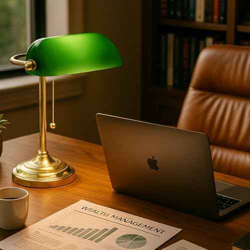 LIGHTACCENTS Traditional Banker¡¯s Desk Lamp with Green Glass Shade and Brass Base ? Classic Desk Lamp with Pull Chain, Office Lighting, Vintage Style Reading Light