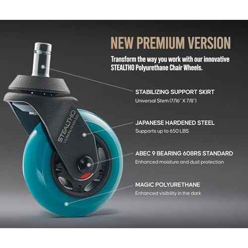 Stealtho Advanced Office Chair Wheels Set 5 Heavy Duty Casters - Silent Rolling Protection Hardwood Floors Carpets No Mat Needed - Soft Navy Polyurethane Standard Replacement 7/16" x7/8" Stem