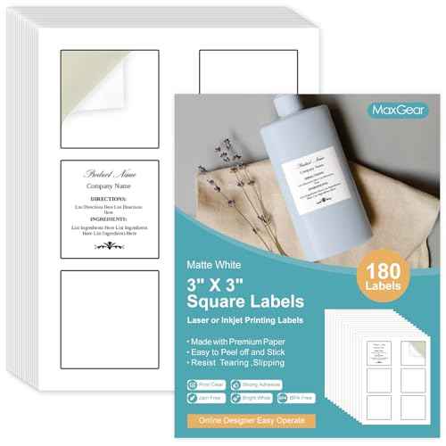 MaxGear 3" x 3" Square Labels, for Inkjet or Laser Printer, Matte White Printable Sticker Paper Labels Sheets, Strong Adhesive, Dries Quickly, Holds Ink Well, 180 Pcs