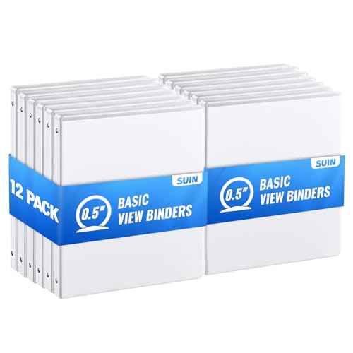 Basic 3 Ring Binder -1 or 1/2'' Binders with Roung Ring Binder, Large 100/200 Sheet Capacity, Fit 8.5" x 11" US Letter Size Paper, 12 Pack White (0.5'' White - 12 Packs)