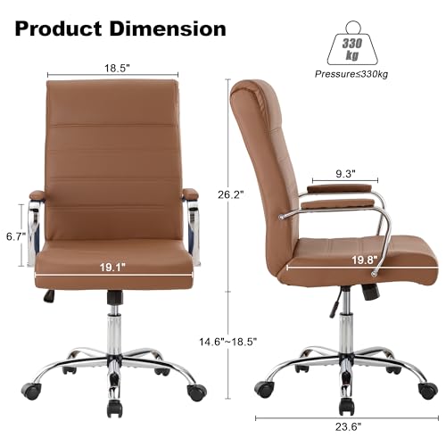 Bowthy Brown Leather Office Desk Chair - High Back Swivel Executive Chair with Adjustable Height & Armrests