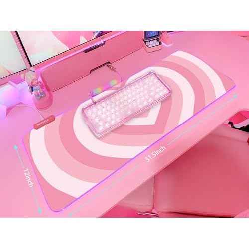 JMIYAV Pink Love Heart RGB Gaming Mouse Pad 31.5x12 Inch PC XL Large Extended Glowing Led Light Up Cool Mouse pad Desk Pad Non-Slip Rubber Computer Mouse Pad Cute Mousepad Mat 31.5x12 Inch