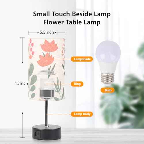Touch Bedside Table Lamp, 2 USB Ports, 3-Way Dimmable Bedside Lamp for Bedroom, Nightstand Lamp with Round Flower Fabric Shade for Living Room, Home Office