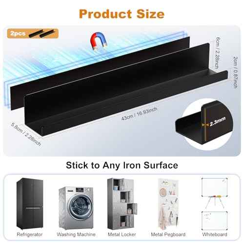 2 Pack Magnetic Book Shelf for Whiteboard - 17 Inch Reusable Metal Magnetic Shelves, Holds 12 lbs, Magnetic Book Display for Classrooms, Kitchen, Kids' Room - New Black
