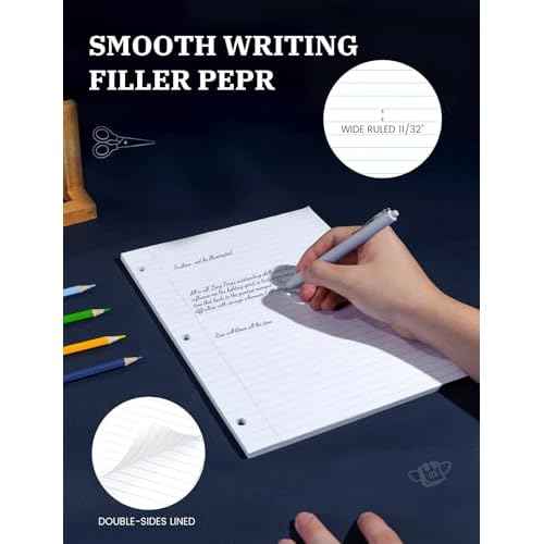 Loose Leaf Paper, 100 Sheets Notebook Paper, Binder Lined Paper Wide Ruled, 8.5'' x 11'' Loose Leaf, 3-Hole Punched Filler Writing Paper, 3-Ring Binder Note Papers, White