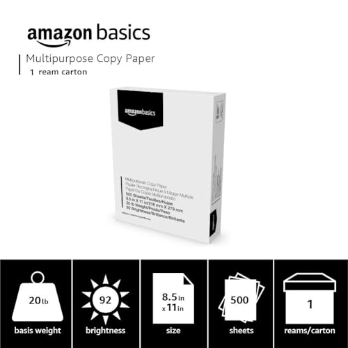 Amazon Basics 8.5 x 11 Inch Multipurpose Copy Paper - 1 Ream, 500 Sheets, 20Lb Bright White