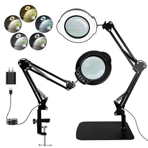 12X Magnifying Glass with Light and Stand,2-in-1 LED Desk Lamp & Clamp,5 Color Modes Brightness Stepless Dimmable,Magnifier with Light Hands Free,Reading,Hobby Close Work