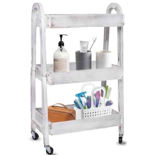 3-Tier Rolling Utility Cart with Lockable Wheels Storage Slim Storage Heavy Duty Cart Mobile Shelving Unit Craft Narrow Organizer for Bathroom Laundry Kitchen (Vintage White)