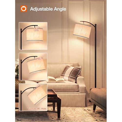 addlon Floor Lamp for Living Room with Remote, Dimmable Standing lamp with Linen lampshade for Bedroom, Office, Lamps with 9W LED Bulb Included - Black with Beige Lampshade