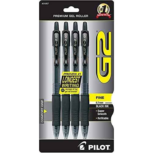 Pilot G2 Premium Gel Roller Pens 0.7, Fine Point Smooth Writing Pens Black, Pack of 4