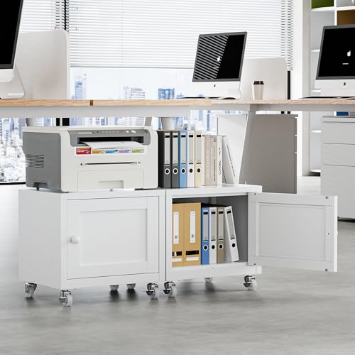 Small Printer Stand with Storage, Home Office Printer Table for Small Spaces, Under-Desk 3D Printer Stand with Wheels, for Office Copier and Fax Machine, White