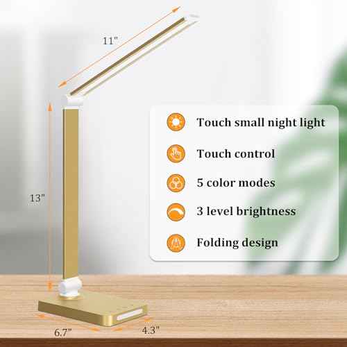 LED Desk Lamp with USB Ports,Touch Desk Lamps for Home Office with 5 Color Modes,3 Brightness Desk Light with Small Night Light,Reading Lamp Table Lamp for Bedroom Bedside Study Gold £¨with Adapter£©