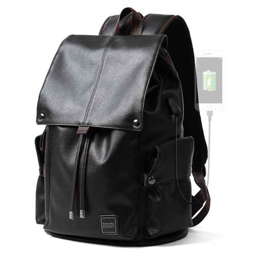 Laptop Travel Backpack For Men Vintage PU Leather Water-Resistant College School Casual 15.6" Laptop Work Backpack Gift For Male Female Black