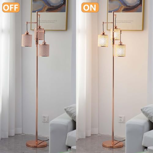 Industrial Floor Lamp,Dimmable Floor Lamp,Gold Tree Lamp Standing Lamp Tall Pole Lamps with 3 Elegant lampshades for Living Room Bedroom Office, Indoor