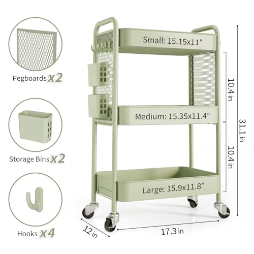 TOOLF 3 Tier Rolling Cart Storage Organizer, Metal Rolling Utility Cart with Wheels, Hooks & Bins Esthetician Craft Art Sturdy Storage with Pegboard for Bathroom, Kitchen, Office, Nursery Diaper