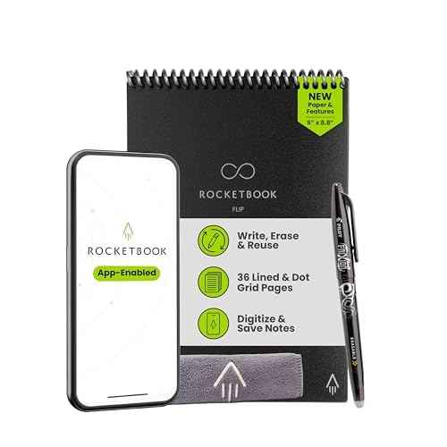 Rocketbook Flip Reusable Smart Notepad, Top Bound Spiral Notebook Lined and Dotted Pages Executive Size 6x8.8, Premium, Black (Pack of 1)