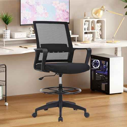 Drafting Chair Tall Office Chair Adjustable Swivel Rolling Mesh Height with Lumbar Support Arms Footrest Mid Back for Adults Standing Desk Drafting Stool (Black)