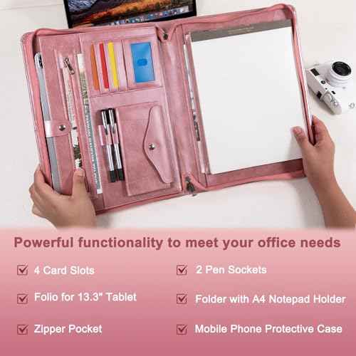 AZXCG Portfolio Binder, Pink Portfolio with Handle and Zipper,Leather Padfolio for Women,Professional Business Portfolio Organizer,A4 Notepad Holder, Gift for Girls and Women