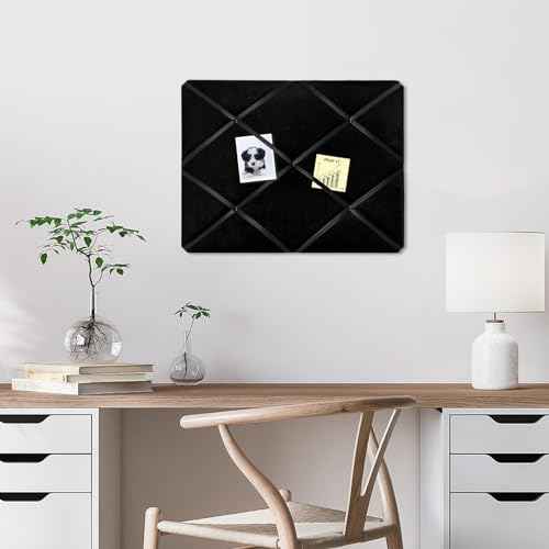 Black Fabric Memo Bulletin Board, 23.6x17.7 inches Velvet Pin Board for Wall, Vision Board Message Board Cork Board with Criss-Cross Ribbons for Home Office School Wall Decor(BK Velvet,4560)