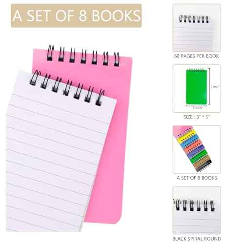 8 Pack Pocket Notebook Small 3x5 Spiral Notepads With Lined Pages, Small Top Spiral Notebook Little Mini Memo Steno Note Pads for Outdoor Home Office College School