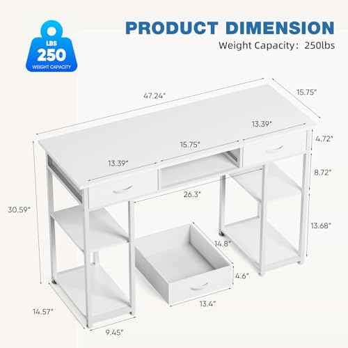 OLIXIS 48 Inch Desk with Drawers, Home Office Computer Desk with Adjustable Shelves on Both Sides, Study Writing Table with Adjustable Feet for Bedroom, White