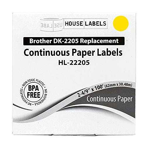 HOUSELABELS Compatible with DK-2205 Replacement Roll for Brother QL Label Printers; Yellow Continuous Length Labels; 2-4/9" x 100 feet (62mm*30.48m) with 1 Reusable Cartridge - 5 Rolls