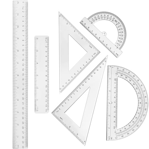 Tenare Clear Math Geometry Ruler & Protractor Set - 6 Pieces, Accurate & Durable