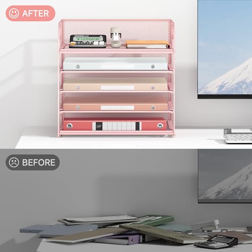 Lavatino 5-Tier Pink Mesh Letter Tray Organizer with Handles - Desktop File Storage