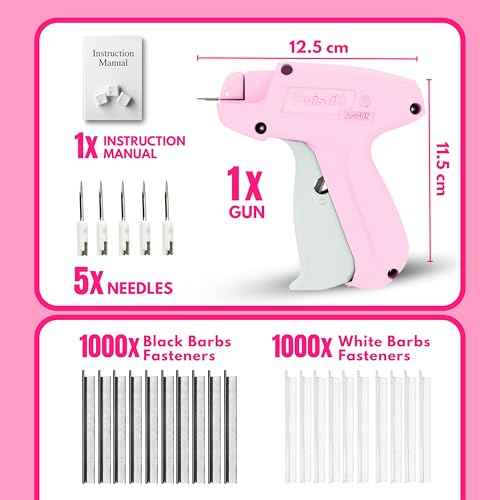 Stitch Gun for Clothes (Quick Fix Tool, Not a Sewing Machine), Handheld Clothing Tag Gun for Quick Clothing Repairs Includes 6 Needles, 1000 Black & 1000 White Fasteners (Pink)