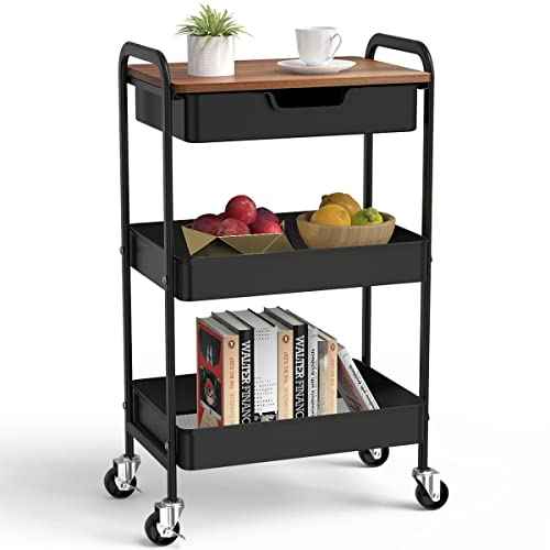 3 Tier Rolling Cart with Drawer, Metal Utility Cart on Wheels Storage Cart with Wood Top, Kitchen Cart Art Cart Organizer for Bathroom Office Balcony Living Room