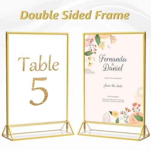 MaxGear 5x7 Gold Acrylic Sign Holder 12 Pack, Gold Table Number Holders, Mini Frames Double Sided Acrylic Picture Frames Photo Stand, Clear Menu Flyer Stand for Wedding, Home, Restaurant