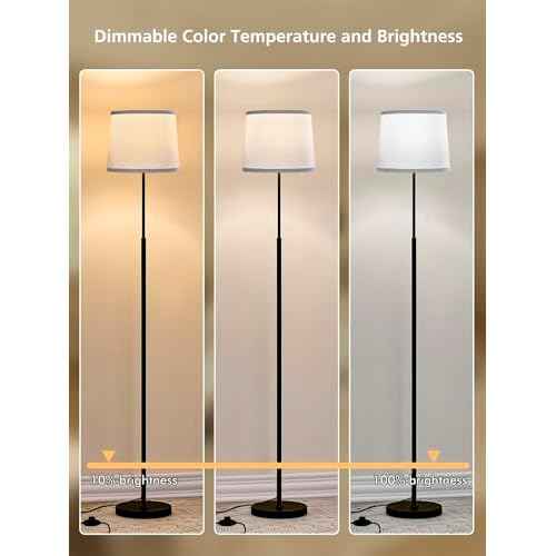 60" Modern Floor Lamp for Living Room Bedroom, Standing Lamp with White Linen Lampshade, Remote and Foot Switch, Tall Lamp with A19 9W 3000K-6000K Color Temperature 10%-100% Brightness Dimmable Bulb