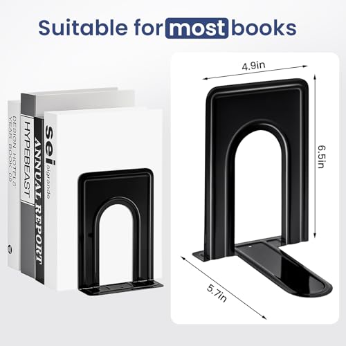 HappyHapi Book Ends, Non-Skid Metal Bookend Supports for Shelves, Heavy Duty Book End, Office Book Stopper, 6 x 5 x 6 Inches, 14 Pieces / 7 Pairs (Black)