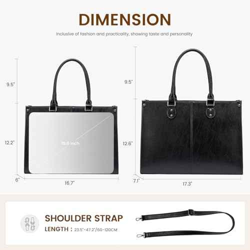 LOVEVOOK Laptop Tote Bag for Women, Large Capacity Vintage Leather Work Computer Bag, Business Casual Shoulder Handbag, 15.6inch Black