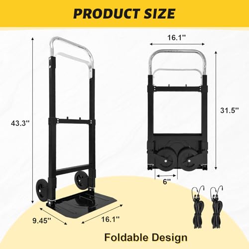 Folding Hand Truck Dolly Cart, 260 lb Capacity Portable Aluminum Dolly Cart Aluminum Construction for Moving House, Office, Warehouse, Includes Two Elastic Ropes