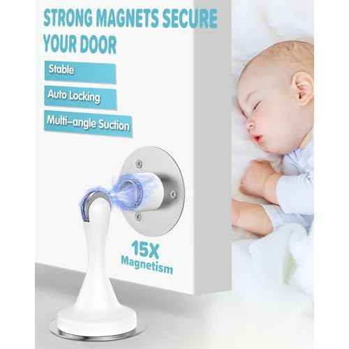 Door Stoppers Magnetic Door Catch - 6 Pack Stainless Steel Heavy Duty Door Stops for Bottom of Door, Wall & Floor Mounting No-Drill Strong Adhesive & Screws, Strong Door Holder to Keep Door Open,White