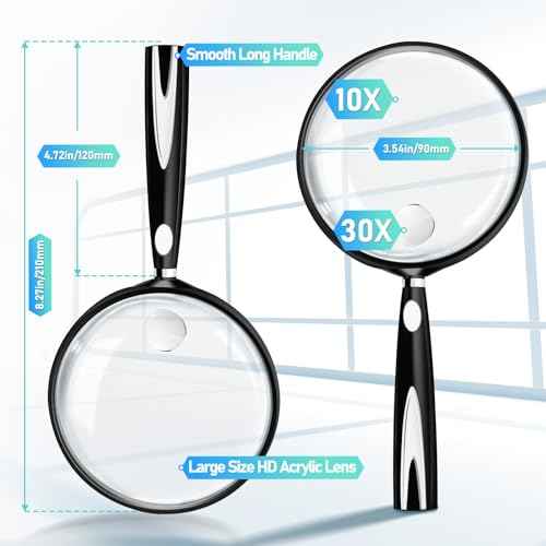 10X 30X Magnifying Glass for Reading, Handheld Magnifier for Reading, 90mm Magnifying Glass Scratch Resistant Lens, Soft Handle for Close Work Book Newspaper Nature Exploration, Hobby